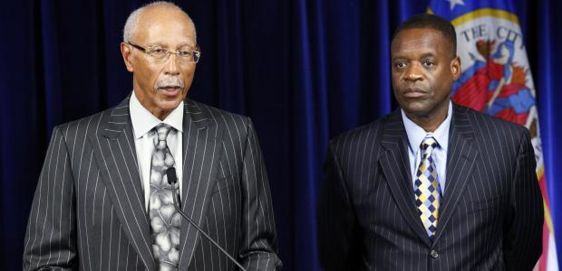 Detroit Mayor Dave Bing, left, and emergency manager Kevryn Orr discuss the city's bankruptcy during a July 18, 2013, news conference. (AP Photo)