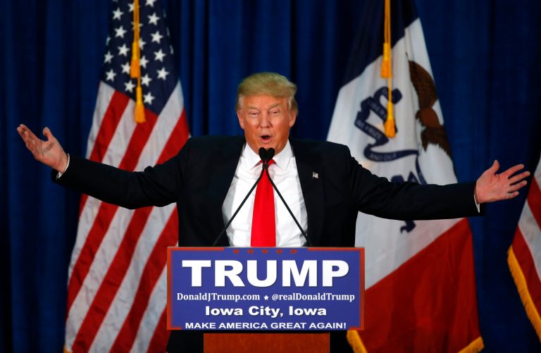 Republican presidential candidate Donald Trump speaks during a campaign event at the University of Iowa Field House, Tuesday, Jan. 26, 2016 in Iowa City, Iowa.