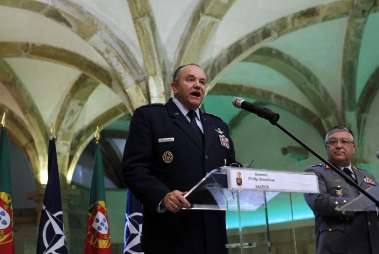 NATO's Supreme Allied Commander in Europe Philip Breedlove talks to journalist during a joint news conference with Portuguese Armed Forces General Chief Artur Pina Monteiro, right, at Sao Juliao de Barra fort in Oeiras, near Lisbon, Tuesday, April 29, 2014. During the conference, Breedlove talked about the current crisis situation in Ukraine among other issues. (AP Photo/Francisco Seco)