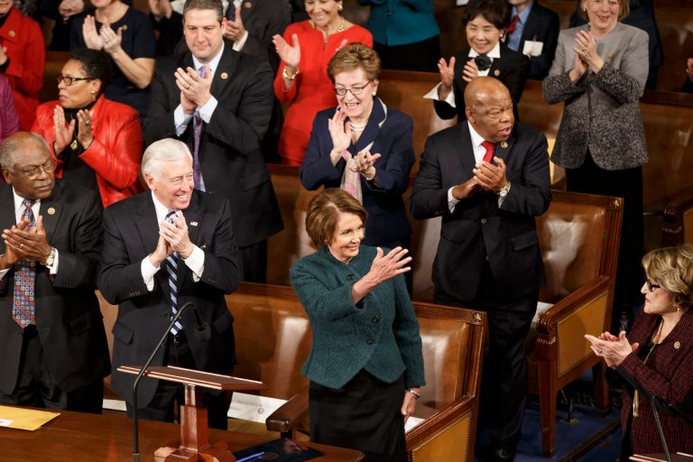 House Minority Leader Nancy Pelosi of Calif. acknowledges applause by Democratic members of the House of Representatives during nominations for speaker as lawmakers gather for opening session of the 114th Congress, Tuesday, Jan. 6, 2015, on Capitol Hill in Washington. (AP Photo/J. Scott Applewhite)
