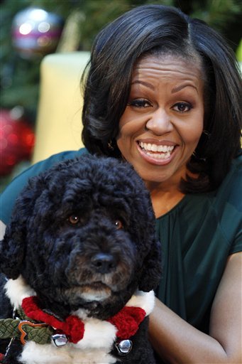 First lady Michelle Obama, with first dog Bo, visits the Children's National Medical Center in Washington, Friday, Dec. 14, 2012. (AP Photo/Jacquelyn Martin)