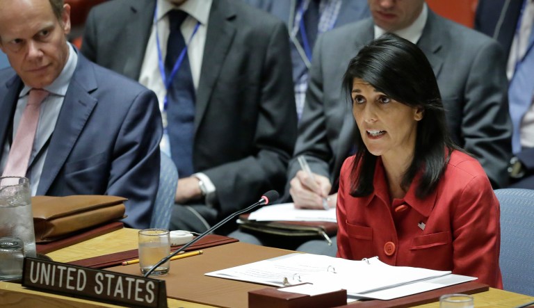 U.S. Ambassador to the U.N. Nikki Haley, right, speaks during United Nations Security Council meeting on North Korea's latest launch of an intercontinental ballistic missile. (AP Photo/Bebeto Matthews)