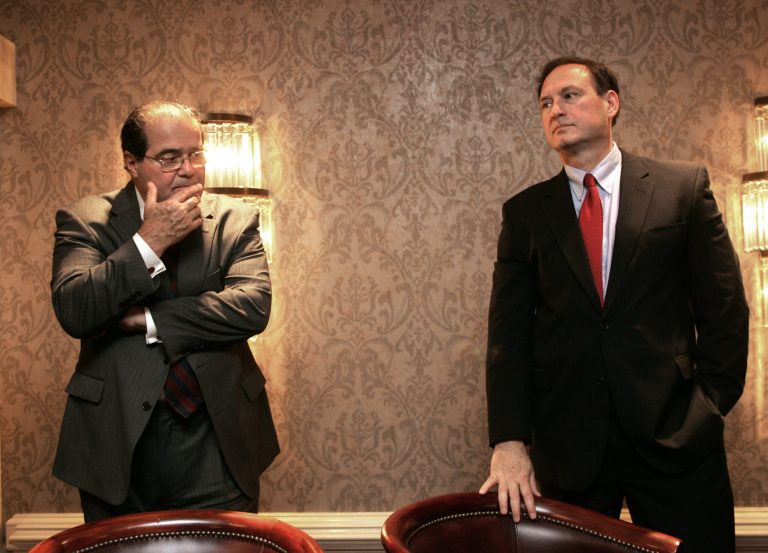U.S. Supreme Court Justices Samuel Alito, right, and Antonin ScaliaÂ will be the headline attractions at the Federalist Society's 2014 National Lawyers Convention in Washington on Thursday.Â (AP Photo)