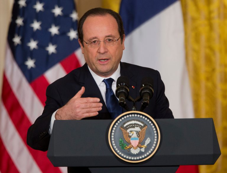 French President FranÃ§ois Hollande speaks during a joint news conference with President Obama, as part of an official state visit in the East Room of the White House. (AP/ J. Scott Applewhite)
