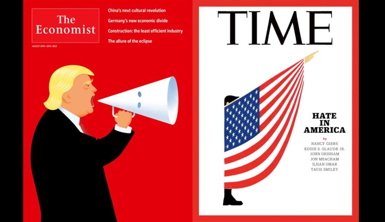 The latest covers of The Economist and Time magazine feature white supremacist imagery. (Images courtesy screenshots)