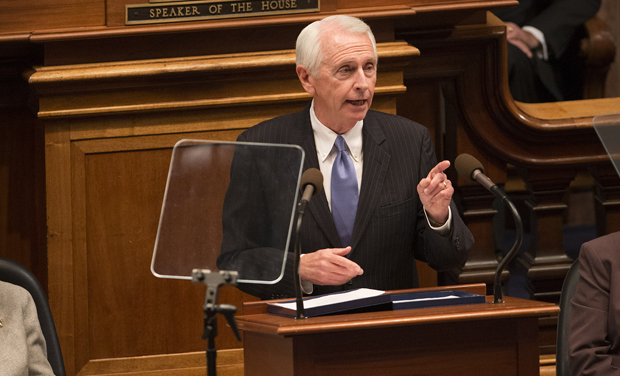 Gov. Steve Beshear delivers his last State of the Commonwealth address of his career during a joint session on the floor of the House of Representatives in Frankfort, Ky., on Wednesday, Jan. 7, 2015. (AP Photo/David Stephenson)