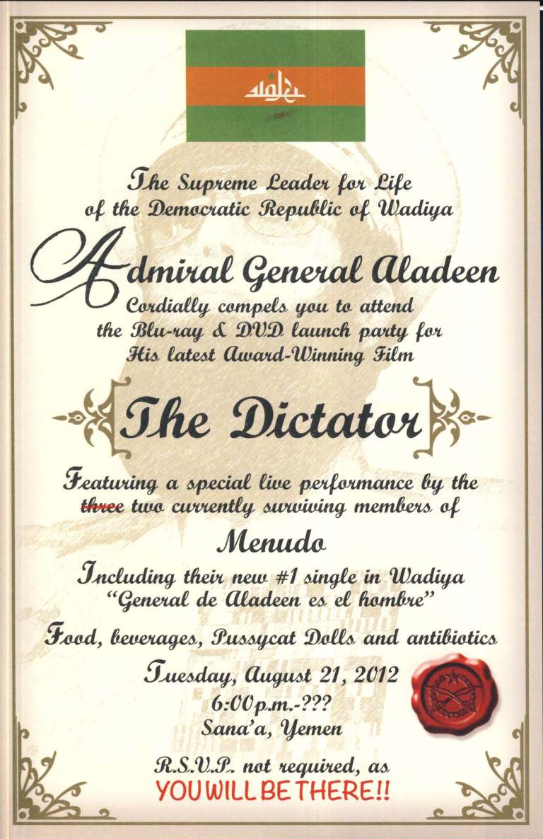 Press Invited to DVD Launch Party in Yemen for ‘Dictator’