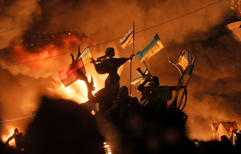 Monuments to Kiev's founders burn as anti-government protesters clash with riot police in Kiev's Independence Square, the epicenter of the country's current unrest, Kiev,ÃÂ Ukraine, on Tuesday.ÃÂ (AP/Efrem Lukatsky)