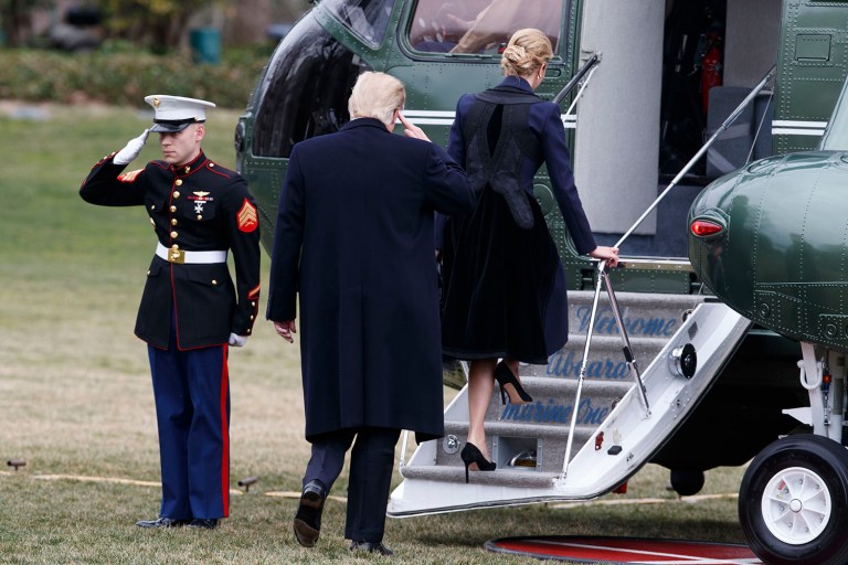 President Donald Trump follows his daughter Ivanka to board Marine One on the South Lawn of the White House in Washington, Wednesday, Feb. 1, 2017. (AP Photo/Evan Vucci)