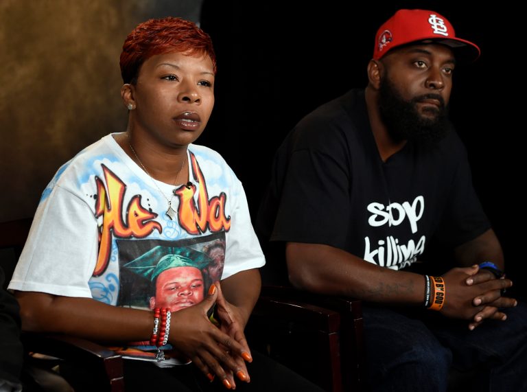 The parents of Michael Brown, Lesley McSpadden, left, and Michael Brown, Sr., right, speak to The Associated Press during an interview in Washington, Saturday, Sept. 27, 2014. Michael Brown's parents say they are unmoved by the Ferguson police chief's apology in their son's shooting death by a police officer. Instead, Lesley McSpadden and Michael Brown Sr. told The Associated Press they would rather see an arrest, and Brown Sr. said he wants the police officer 