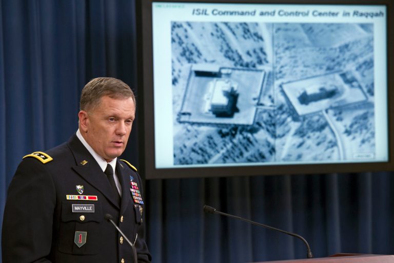 Lt. Gen. William Mayville, speaks about the operations in Syria, Tuesday, during a news conference at the Pentagon. In a separate action from the air strikes against the Islamic State group, the U.S. bombed a cell of al Qaeda militants in northwestern Syria after concluding they were close to attacking the U.S. or Europe, Pentagon officials say. Mayville, the Pentagon's operations chief, said that the Khorasan Group was nearing 