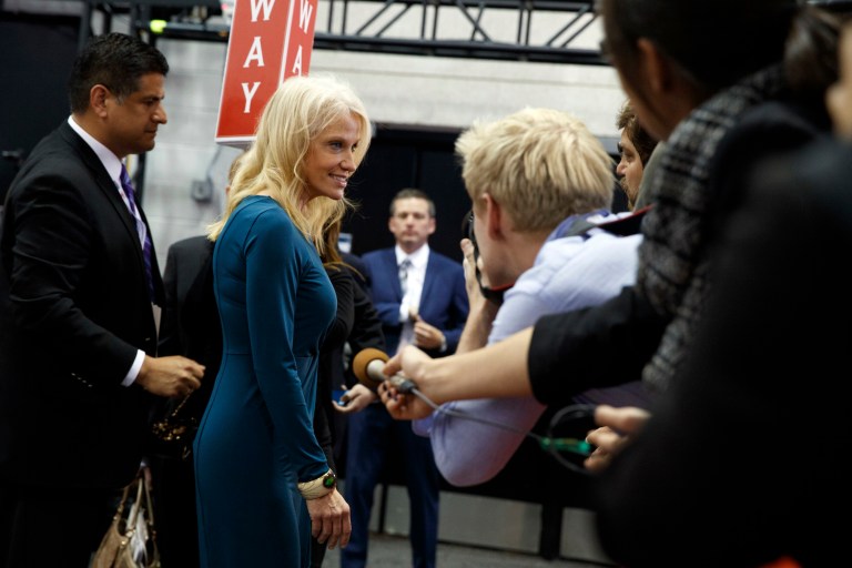 In the spin room, Trump surrogates said the candidate will accept the results of the election. (AP Photo/ Evan Vucci)