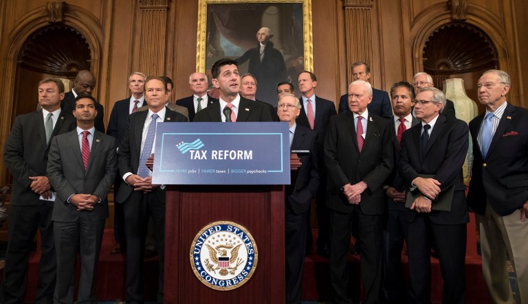 Speaker of the House Paul Ryan, R-Wis., and Senate Majority Leader Mitch McConnell, R-Ky., speak about the Republicans' proposed rewrite of the tax code for individuals and corporations. (AP Photo/J. Scott Applewhite)