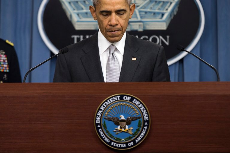 President Barack Obama pauses while speaking at the Pentagon Monday about the fight against the Islamic State group following a National Security Council meeting. The president said the U.S. military and allied forces are hitting the Islamic State group harder than ever. (AP Photo/Evan Vucci)