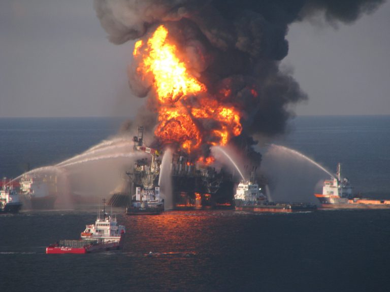 In this April 21, 2010 file Image provided by the U.S. Coast Guard, fire boat response crews battle the blazing remnants of the off shore oil rig Deepwater Horizon. (AP Photo/US Coast Guard, File)