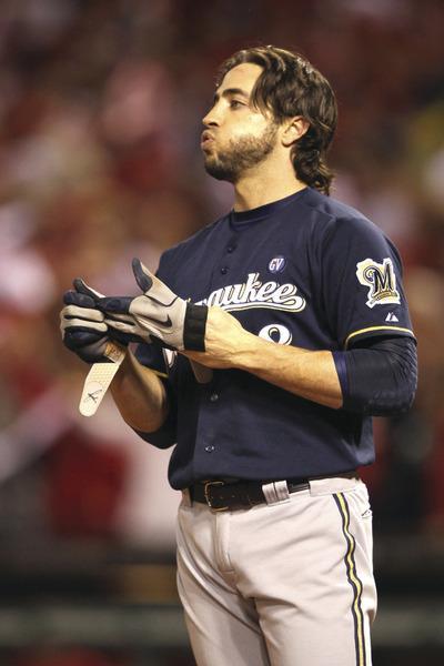 ST LOUIS, MO-OCTOBER 14: Ryan Braun#8 of the Milwaukee Brewers reacts after he struck out to end the top of the fifth inning against the St. Louis Cardinals during Game Five of the National League Championship Series at Busch Stadium on October 14, 2011 in St Louis, Missouri.(Photo by Jamie Squire/Getty Images)