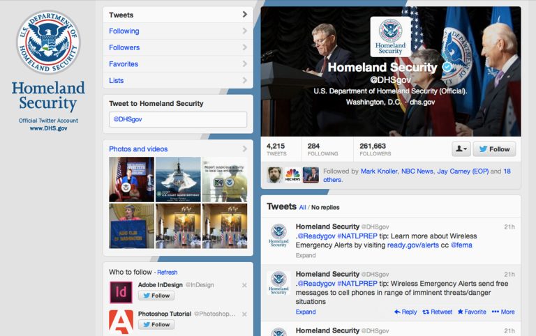   This computer screen capture shows the Department of Homeland Security Twitter homepage. The Homeland Security Department's internal watchdog says the agency needs better rules over its many Twitter and Facebook accounts and use of similar social media services to avoid breaking the law. A new report the government released Friday says that in one case, investigators in an unspecified DHS office were secretly monitoring people to detect benefit fraud. But officials realized that the effort broke their rules about using online tools for undercover work, and they stopped doing it. (AP Photo)  