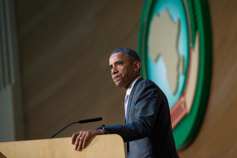 President Obama delivers a speech to the African Union, in Ethiopia. (AP Photo/Evan Vucci)