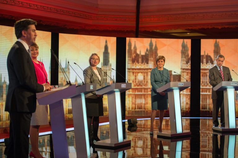 From left, Labour leader Ed Miliband, Plaid Cymru leader Leanne Wood, Green Party Leader Natalie Bennett, SNP leader Nicola Sturgeon and UKIP leader Nigel Farage take part in the Live BBC Election Debate on April 16, 2015 in London, England. (Photo by Stefan Rousseau - WPA Pool/Getty Images)