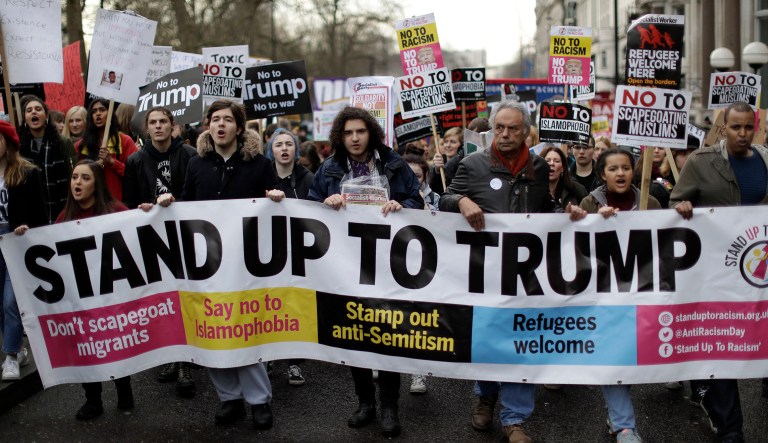 Trump told Prime Minister Theresa May during a recent phone call he does not want to come to the United Kingdom if there would be massive protests, the Guardian reported Sunday. (AP Photo/Matt Dunham)