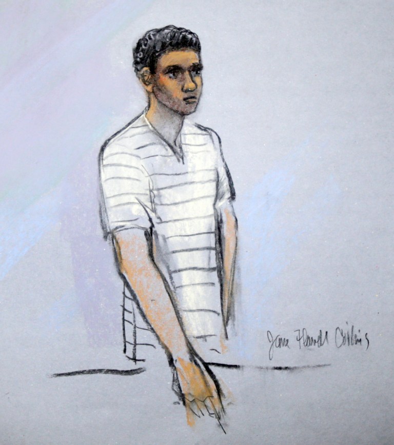 FILE - This courtroom sketch shows defendant Robel Phillipos appearing in front of Federal Magistrate Marianne Bowler at the Moakley Federal Courthouse in Boston, Mass. on Wednesday, May 1, 2013. Phillipos, and two other college friends of Boston Marathon bombing suspect Dzhokhar Tsarnaev, were arrested and charged with removing a backpack containing hollowed-out fireworks from Tsarnaev's dorm room. (AP Photo/Jane Flavell Collins)