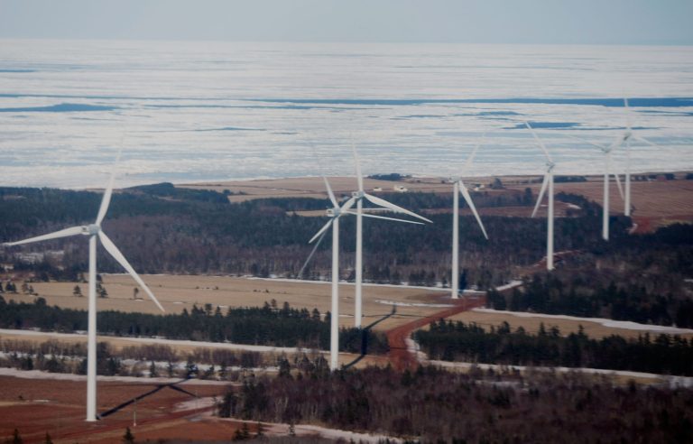 Wind turbines are seen at the Eastern Kings Wind Farm on March 24, 2008 at East Point, Prince Edward Island, Canada. (Photo by Joe Raedle/Getty Images)
