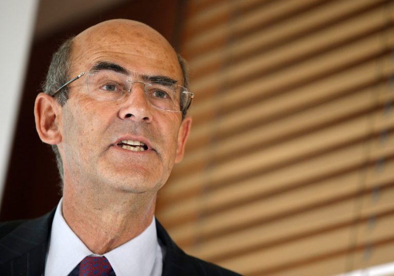 FILE - In this May 7, 2014 photo, Patrick Kron, CEO of French Power and Transport Engineering Company Alstom, delivers his speech during the groups year end results, in Levallois-Perret, outside Paris. Kron says the French heavy engineering firm's agreement to sell off most of its power generation business to U.S. rival General Electric Co. will save jobs and protect France's national interests. (AP Photo/Christophe Ena, File)