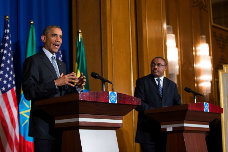 President Obama speaks during a joint news conference with Ethiopian Prime Minister Hailemariam Desalegn, Monday, July 27, 2015, at the National Palace in Addis Ababa, Ethiopia. (AP Photo)Â 