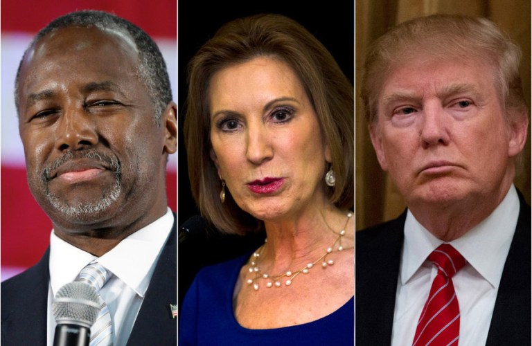 In Iowa, Donald Trump leads Ben Carson with 24 percent to 19 percent, a five-point lead, with Carly Fiorina coming in with 9 percent support. (AP Photo)