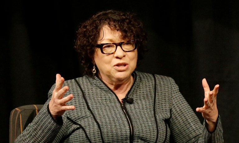 Sotomayor was spotted wearing a classic black judge robe with the Yankees logo embroidered on it. Others surrounding the Supreme Court justice held props such as gavels and signs that read 