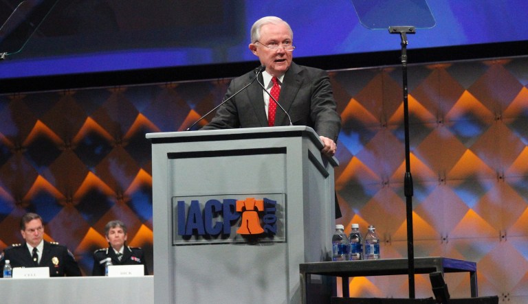 U.S. Attorney General Jeff Sessions speaks at the International Association of Chiefs of Police conference Monday, Oct. 23, 2017, in Philadelphia. Sessions on Monday designated the gang, MS-13, as a 