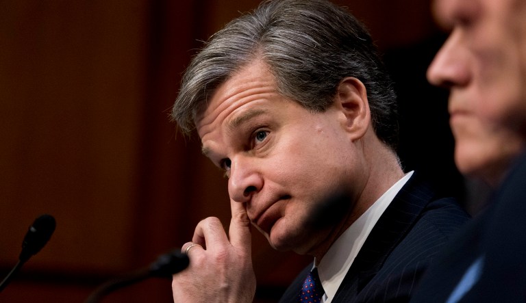 FBI Director Christopher Wray appears before a Senate Select Committee on Intelligence hearing on worldwide threats, Tuesday, Feb. 13, 2018, in Washington. (AP Photo/Andrew Harnik)