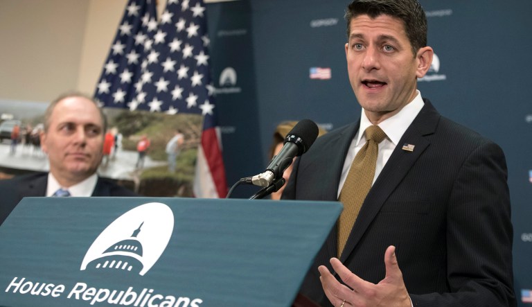 Speaker of the House Paul Ryan, R-Wis., joined at left by House Majority Whip Steve Scalise, R-La., offers his advice in the escalating feud between President Donald Trump and Republican Sen. Bob Corker: 