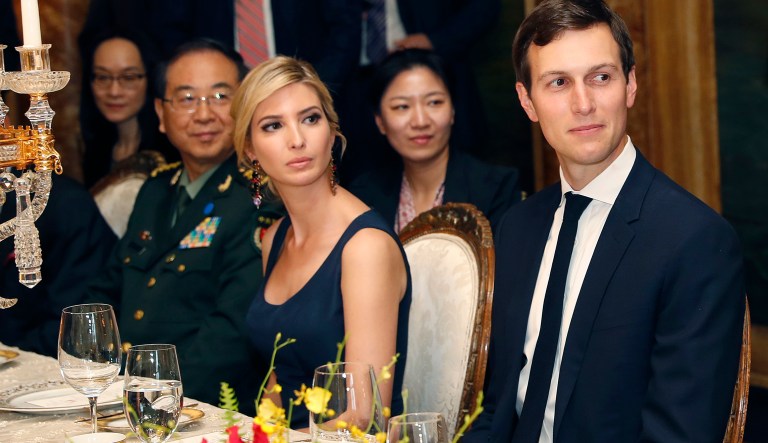 In this Thursday, April 6, 2017, file photo, Ivanka Trump, daughter and assistant to President Donald Trump, is seated with her husband, White House senior adviser Jared Kushner, during a dinner with President Trump and Chinese President Xi Jinping, at Mar-a-Lago, in Palm Beach, Fla. (AP Photo/Alex Brandon, File)