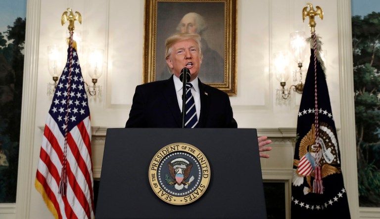 President Donald Trump makes a statement about the mass shooting in Las Vegas, Monday, Oct. 2, 2017 at the White House in Washington. (AP Photo/Evan Vucci)
