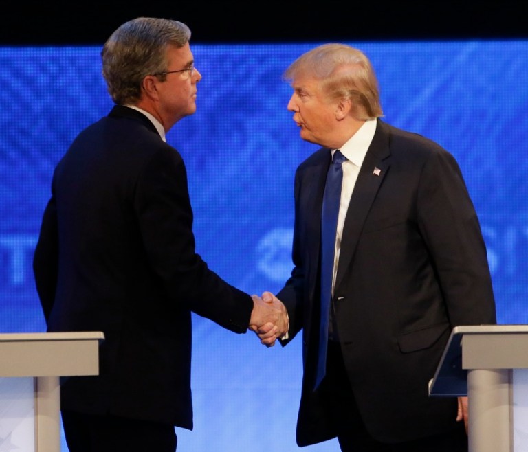 In typical Donald Trump fashion, the brash, unfiltered businessman took to Twitter Thursday to criticize Jeb Bush's exorbitant campaign spending and his family legacy. (AP Photo)