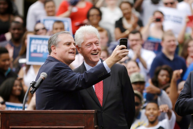 Sen. Mark Pryor, D-Ark., takes a selfie with Bill Clinton at the University of Central Arkansas in Conway. (Danny Johnston, AP)