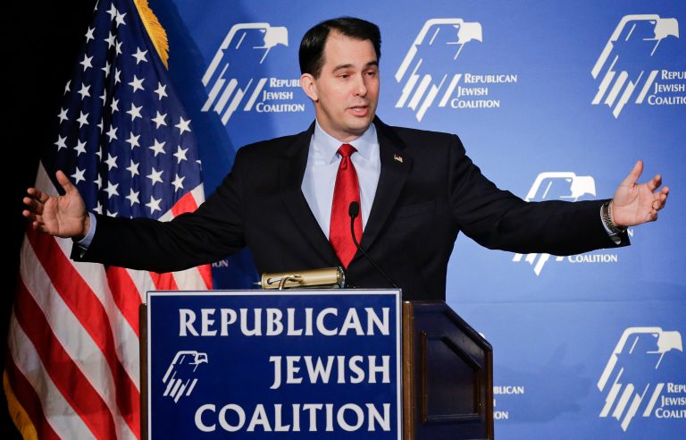 Wisconsin Gov. Scott Walker speaks at the Republican Jewish Coalition Saturday, March 29, 2014, in Las Vegas. (AP Photo/Julie Jacobson)