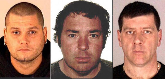 These images provided by Interpol show Yves Denis, 35, left, Serge Pomerleau, 49, center and  Denis Lefebvre, 53, in undated police handout photos. The three inmates, who escaped a jail near Quebec City by helicopter on June 7, were arrested Sunday June 22, 2014, at a home in Montreal, Quebec provincial police said. (AP Photo/Interpol)