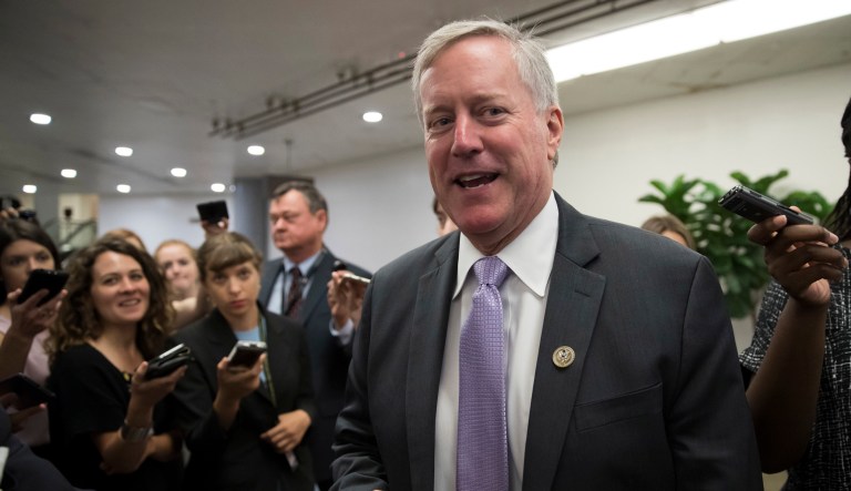 Rep. Mark Meadows, R-N.C., chairman of the conservative House Freedom Caucus, is stopped by reporters as stops by the Senate as the Republican majority in Congress remains stymied by their inability to fulfill their political promise to repeal and replace 
