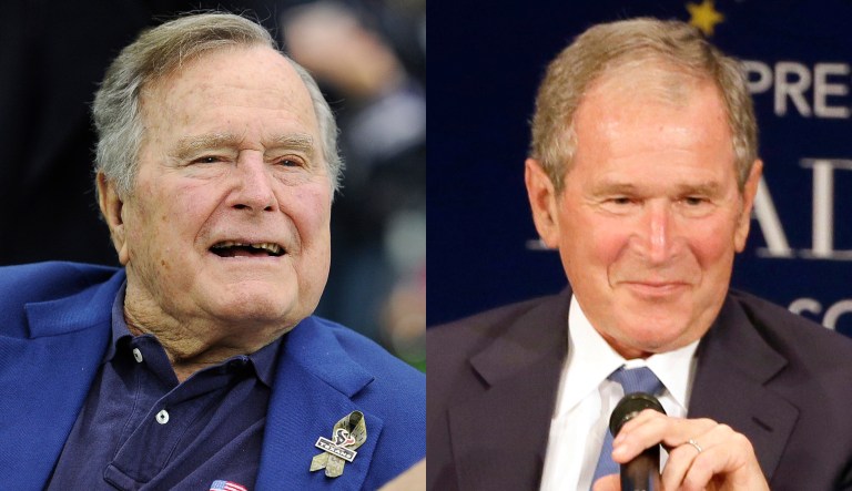 After spending a combined 12 years in the Oval Office, former Presidents George H.W. Bush and George W. Bush know how to craft a public statement on paper. (AP Photo/Tony Gutierrez)