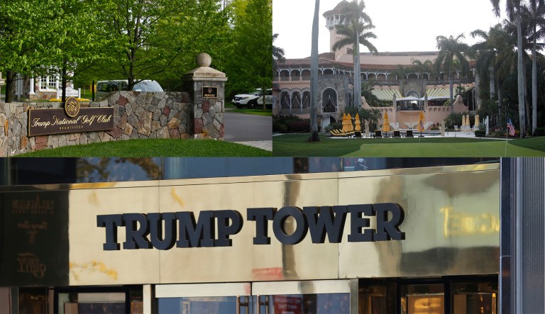 Democrats want Trump to disclose the cost to taxpayers of his use of his own private clubs, including at Mar-a-Lago in Florida (top right), and Bedminster in New Jersey (top left). Trump Tower in New York (bottom). (AP Photo/Pablo Martinez Monsivais, File)