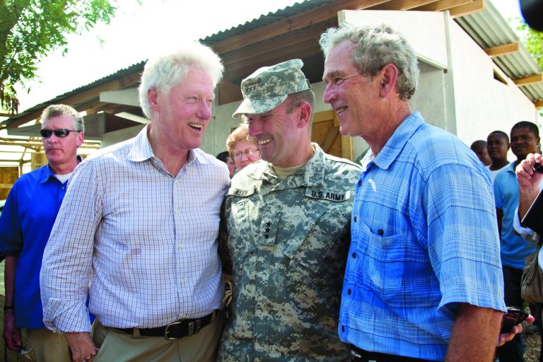 The growing relationship between ex-Presidents Bill Clinton and George W. Bush, shown recently in Haiti with General Ken Keen, are likely to play a big role in either President Obama's second term or Mitt Romney's first. (Photo by Sophia Paris/MINUSTAH via Getty Images)