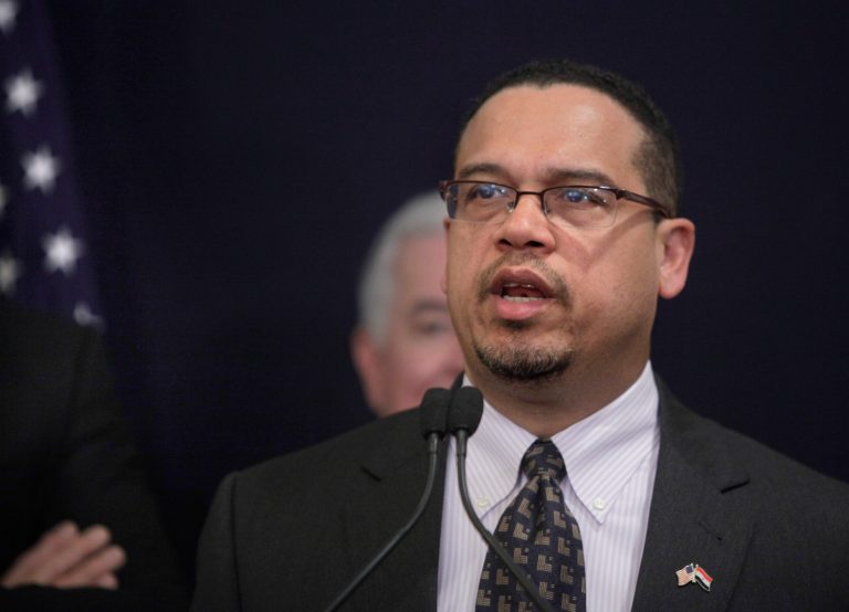 U.S. Rep. Keith Ellison, the first Muslim elected to congress, (D-MN), talks during a press conference with House Minority Leader Nancy Pelosi, not pictured, in Cairo, Egypt, Thursday, March 15, 2012. (AP Photo/Amr Nabil)
