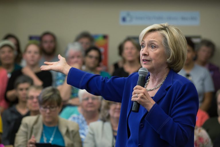 Former Secretary of State and presidential candidate Hillary Clinton addresses supporters at an organizational rally on July 7, 2015 at the Iowa City Public Library in Iowa City, Iowa. (Photo by David Greedy/Getty Images)