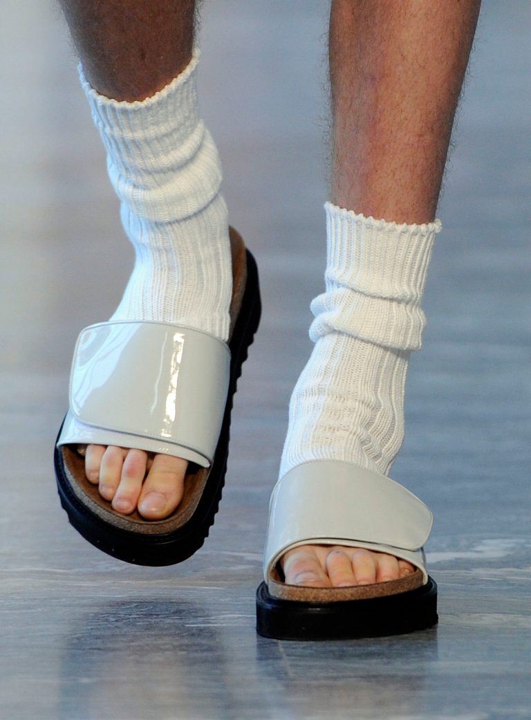 A model wears a creation for Andrea Pompilio men's Spring-Summer 2015 collection, part of the Milan Fashion Week, unveiled in Milan, Italy, Saturday, June 21, 2014. (AP Photo/Giuseppe Aresu)