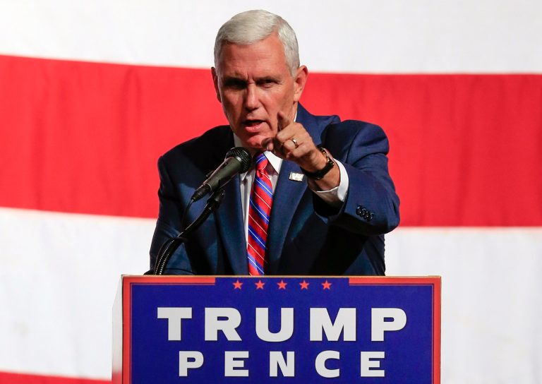 The briefings are conducted in the location where the presidential nominee is campaigning. Mike Pence is campaigning for Donald Trump in Nevada today. Trump is in New York. (AP Photo)