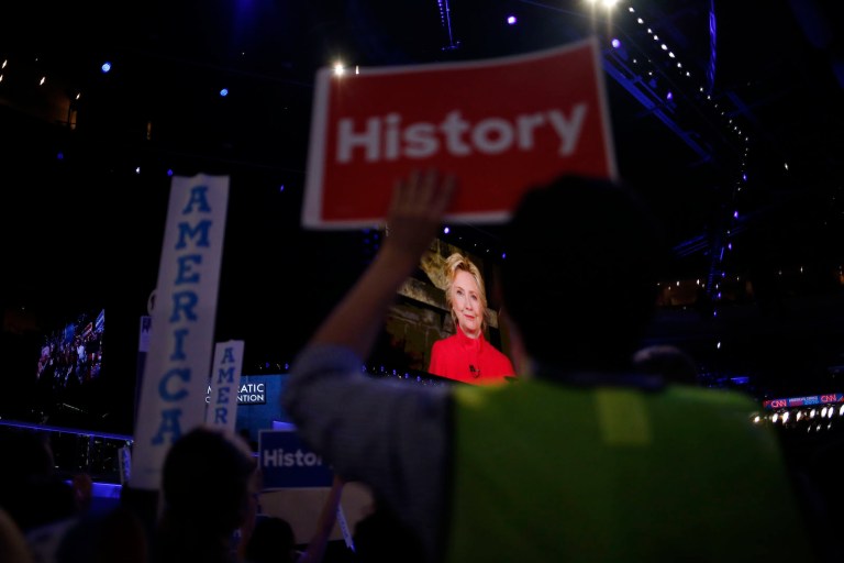 Hillary Clinton's nomination is widely hailed as the breaking of, in Eleanor Clift's words, "America's 240-year glass ceiling." (John Taggart/Bloomberg)