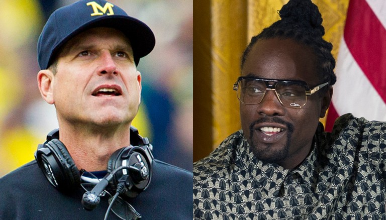 Rapper Wale wants to be on a presidential ticket with Jim Harbaugh, head football coach at the University of Michigan. (AP photos)