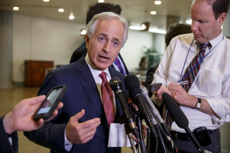 Senate Foreign Relations Committee Chairman Sen. Bob Corker, R-Tenn., answers questions following a closed-door security briefing at the Capitol in Washington, Tuesday, Feb. 10, 2015. (AP Photo/J. Scott Applewhite)